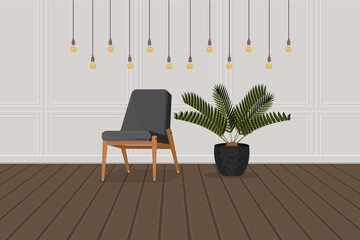 modern loft style interior with palm plant armchair and wooden floor