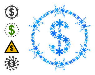 Mosaic barbed wire dollar icon is constructed for winter, New Year, Christmas. Barbed wire dollar icon mosaic is designed from light blue snow items. Some bonus icons are added.