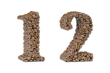 Number 1 one and number 2 two from coffee bean isoilated on white. Coffee alphabet font.