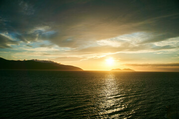 View of the Ionian Sea and sunset in Albania. High quality photo