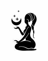 Celestial woman, Divine feminine, Goddess, Moonchild, Sacred magic woman. Mystical symbol flat silhouette. 