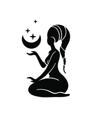 Obraz premium Celestial woman, Divine feminine, Goddess, Moonchild, Sacred magic woman. Mystical symbol flat silhouette. Vector illustration. 