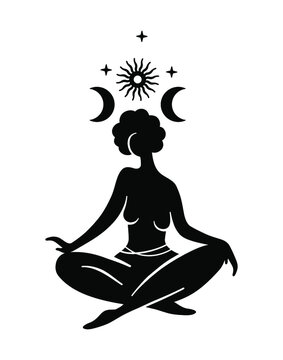 Celestial woman, Divine feminine, Goddess, Moonchild, Sacred magic woman. Mystical symbol flat silhouette. Vector illustration. 