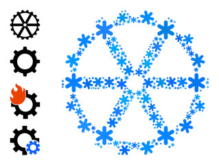 Mosaic clock wheel icon is organized for winter, New Year, Christmas. Clock wheel icon mosaic is formed from light blue snow icons. Some similar icons are added.