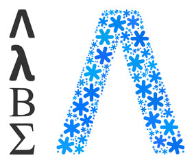 Mosaic Lambda Greek letter icon combined for winter, New Year, Christmas. Lambda Greek letter icon mosaic is formed of light blue snowflakes. Some similar icons are added.