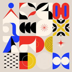 Modernism Aesthetics Inspired Vector Graphic Pattern Made With Abstract Geometric Shapes - obrazy, fototapety, plakaty