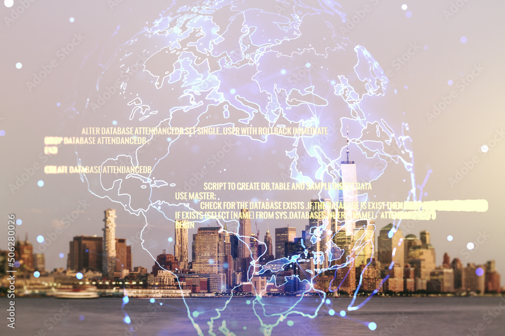 Poster multi exposure of abstract programming language hologram and world map on manhattan office buildings