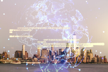 Multi exposure of abstract programming language hologram and world map on Manhattan office buildings background, artificial intelligence and neural networks concept