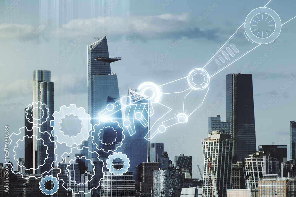 Aufkleber abstract virtual robotics technology hologram on new york city skyline background. robot development