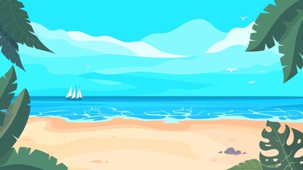 Cartoon landscape of a tropical beach with sand, tropical plants and a ship on the horizon.
