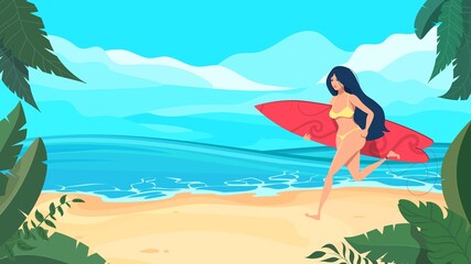 Obraz na płótnie Canvas A girl with a surfboard runs along a tropical beach. Waves begin to rise in the background.