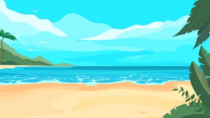 Poster Cartoon landscape of a tropical beach with sand, tropical plants and an island on the horizon. © Dmitry 