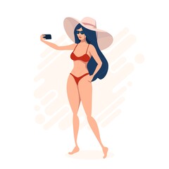 A girl with sunglasses, a bikini and a hat takes a selfie on the phone. Vector illustration.