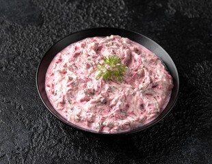 Greek Beetroot cucumber tzatziki dip sauce with flat bread