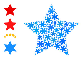 Obraz premium Mosaic red star icon is constructed for winter, New Year, Christmas. Red star icon mosaic is constructed of light blue snow icons. Some bonus icons are added.