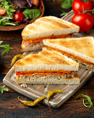 Homemade tuna melt sandwich on rustic board