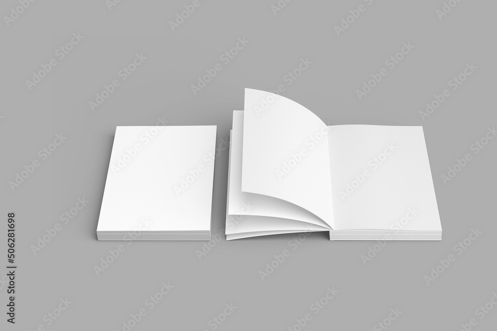 Aufkleber empty blank white open and closed softcover book mockup isolated on white background.3d rendering.
