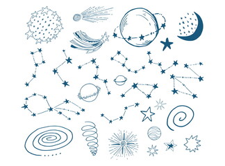 Blue outline hand drawing planet, moon and constellations set. Space and stars vector illustration. © Iryna