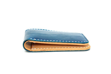 Blue natural leather wallet isolated on a white background. Closeup expensive wallet. Leather...