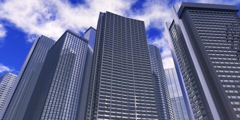 Obraz na płótnie Canvas Beautiful skyscrapers and blue sky with clouds, high rise buildings, 3d rendering
