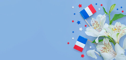 creative french style background with french republic flags and white lilies - obrazy, fototapety, plakaty