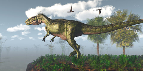 Monolophosaurus Dinosaur Swamp - Dimorphodon Pterosaur fly over a Monolophosaurus theropod carnivorous dinosaur in a wetland area.