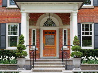 Fototapeta na wymiar House with portico entrance and elegant wood grain front door