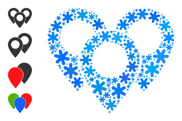 Mosaic map markers pictogram is done for winter, New Year, Christmas. Map markers icon mosaic is formed from light blue snow icons. Some similar icons are added.