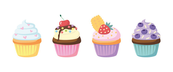 Set of different cupcakes in cupcake paper. Cream pastries with berries, powder, cookies. Cute sugar desserts. Bakery shop, dessert, sweet products, cooking, tea party. Hand drawn flat vector cupcake