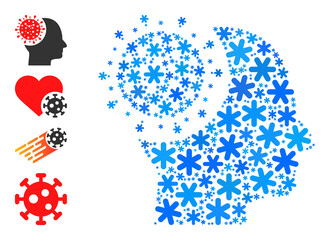 Composition brain virus icon is done for winter, New Year, Christmas. Brain virus icon mosaic is constructed from light blue snow icons. Some similar icons are added.