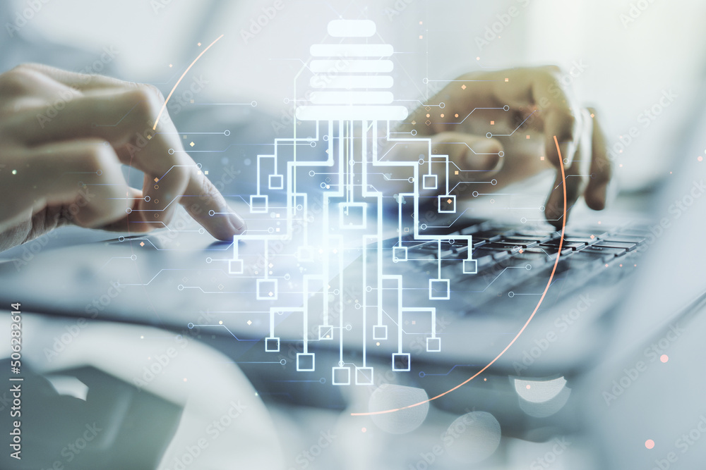 Poster creative light bulb with chip hologram and hands typing on computer keyboard on background, artifici