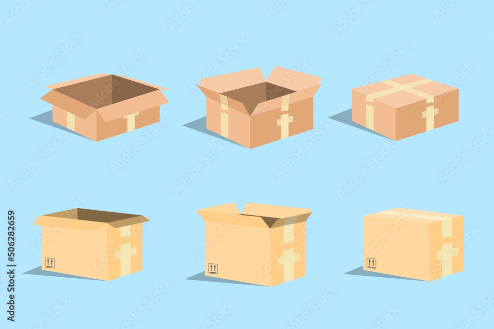 Poster carton delivery packaging open and closed box with fragile signs. cardboard box mockup set. eps