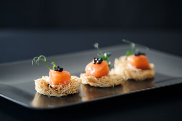 closeup catering canapes with salmon food 