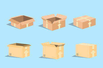 Fototapeta premium Carton delivery packaging open and closed box with fragile signs. Cardboard box mockup set. EPS