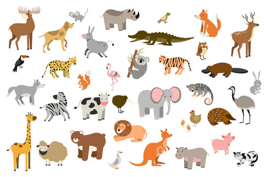 Big vector set with animals in cartoon style. Vector collection with mammals. EPS
