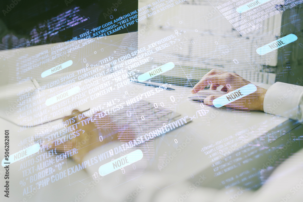Aufkleber double exposure of abstract programming language hologram with world map and hands typing on laptop 