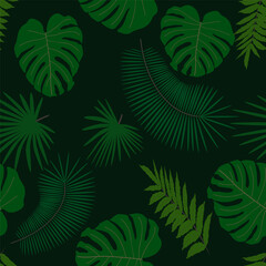 Tropical green seamless background palm leaves. Natural beauty.