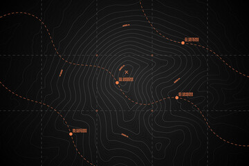Vector Modern Dark Grey Topography Contour Map With Relief Elevation. Geographic Terrain Area Satellite View Digital Cartographic UI. Mountains Hiking Route Coordinates Abstract Illustration - 506283030