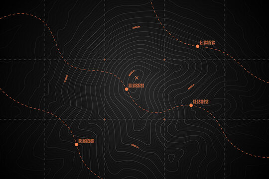 Vector Modern Dark Grey Topography Contour Map With Relief Elevation. Geographic Terrain Area Satellite View Digital Cartographic UI. Mountains Hiking Route Coordinates Abstract Illustration