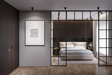 Modern dark interior with the illuminated vertical poster on a gray wall between a wooden door and a glass partition overlooking a modern bedroom with a light bed by the window. Front view. 3d render