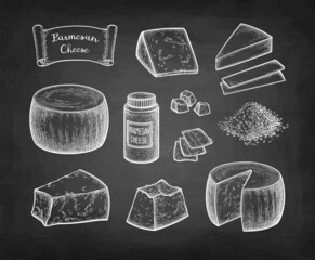 Parmesan cheese chalk sketch set - obrazy, fototapety, plakaty