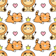 Vector pattern with kawaii lions and tiger. Cute animals on a background. EPS