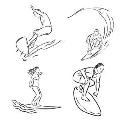Collection of sketches of the surfers, hand drawn vector illustration