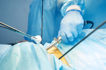 Gauze in surgical forceps moving to abdomen incision during operation