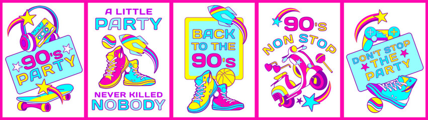 90s cool pop set of posters, banners, music party invitation, and graffiti style prints with fun slogans: "Back to the 90's", "90's non stop".Street art items like: gumshoes, skateboard, headphones © Vigurskaia Sofiya