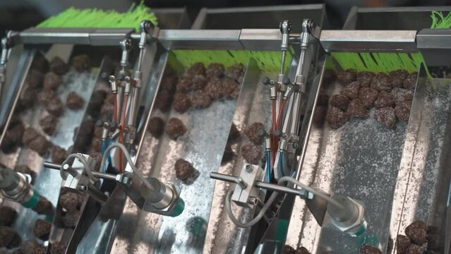 making machine of chocolate sweets. Chocolate factory. Sweets production process. Conveyor belt with sweet. Production in coconut sweets on cake factory