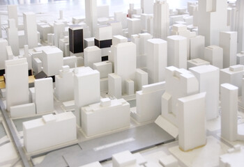 Close-up of an architectural study model with buildings, urban model, architecture