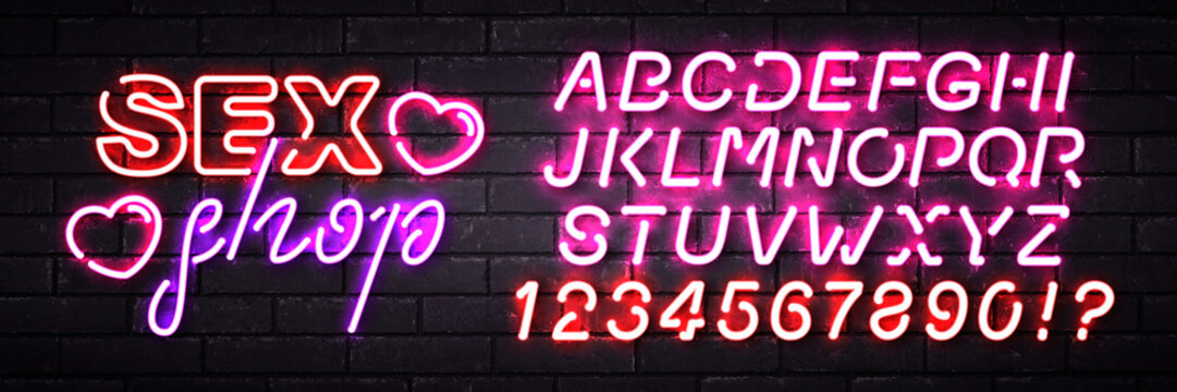 Vector realistic isolated neon sign of Sex Shop logo with easy to change alphabet font on the wall background.