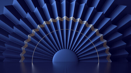 Fototapeta 3d render, abstract art deco blue background with folded fan and golden lines. Empty festive stage, shop display, showcase for product presentation obraz