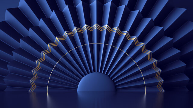 3d render, abstract art deco blue background with folded fan and golden lines. Empty festive stage, shop display, showcase for product presentation